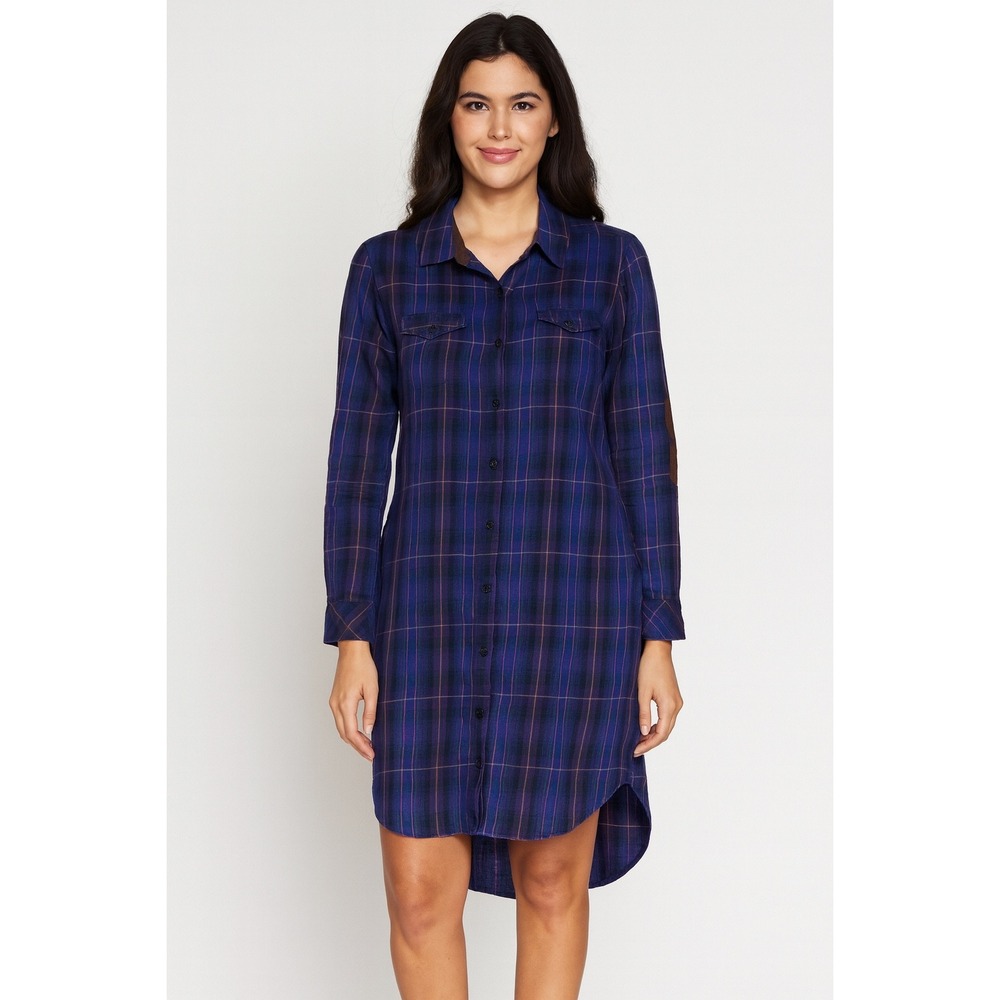KAVU Shirt Dress Multicolor Womens Size M Plaid Long Sleeve Elbow Patches